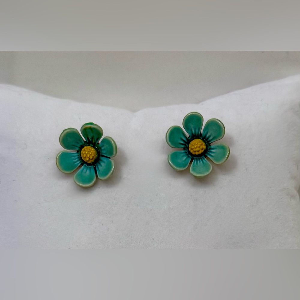 🌼 Vintage ART Enamel Flower Earrings – Teal & Yellow – Signed 🌼